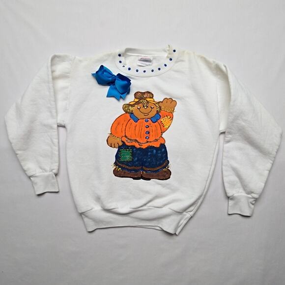 Vintage Scarecrow Sweatshirt Hanes Blue Bow White Youth M Fall Sweater 90s - Picture 1 of 13